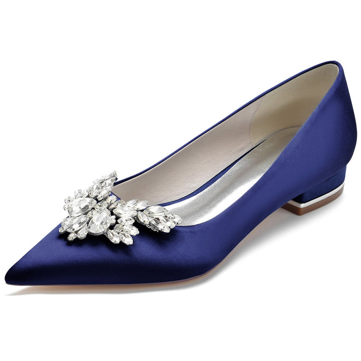 Women's Wedding Shoes Silk Satin Pointed Toe Low Heel Bridal Shoes with Rhinestones