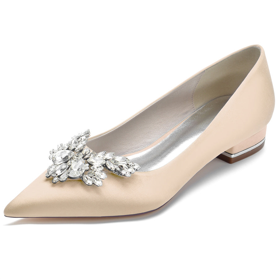 Women's Wedding Shoes Silk Satin Pointed Toe Low Heel Bridal Shoes with Rhinestones