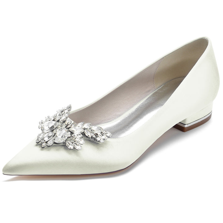 Women's Wedding Shoes Silk Satin Pointed Toe Low Heel Bridal Shoes with Rhinestones