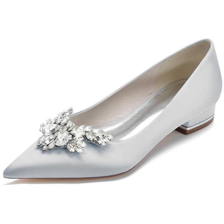 Women's Wedding Shoes Silk Satin Pointed Toe Low Heel Bridal Shoes with Rhinestones