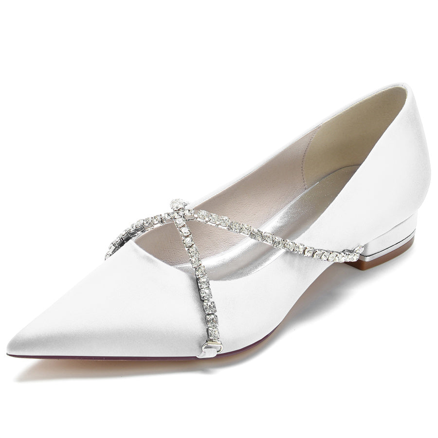 Women's Wedding Shoes Pointed Toe Low Heel Bridal Shoes with Criss Cross Crystals