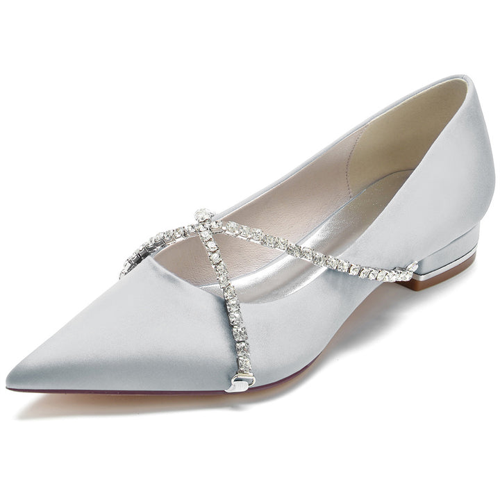 Women's Wedding Shoes Pointed Toe Low Heel Bridal Shoes with Criss Cross Crystals