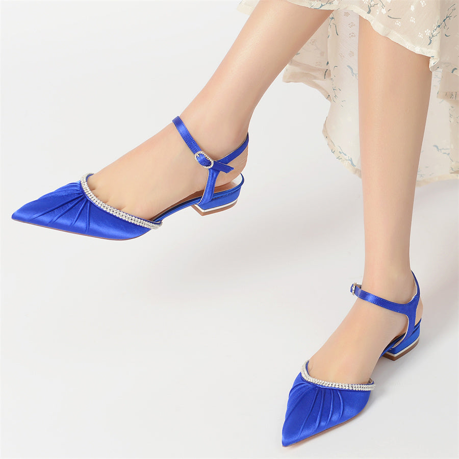 Women's Wedding Shoes Pointed Toe Pleated Low Heel Bridal Shoes with Crystals