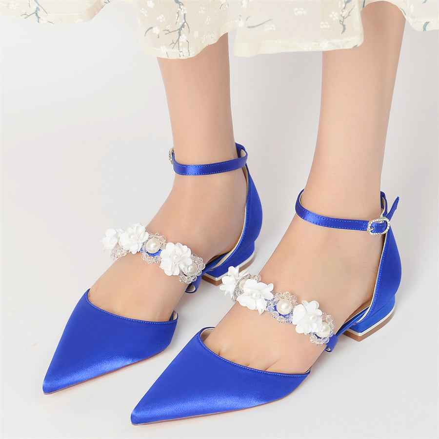 Women's Wedding Shoes Pointed Toe Low Heel Bridal Shoes with Pearls & Flowers