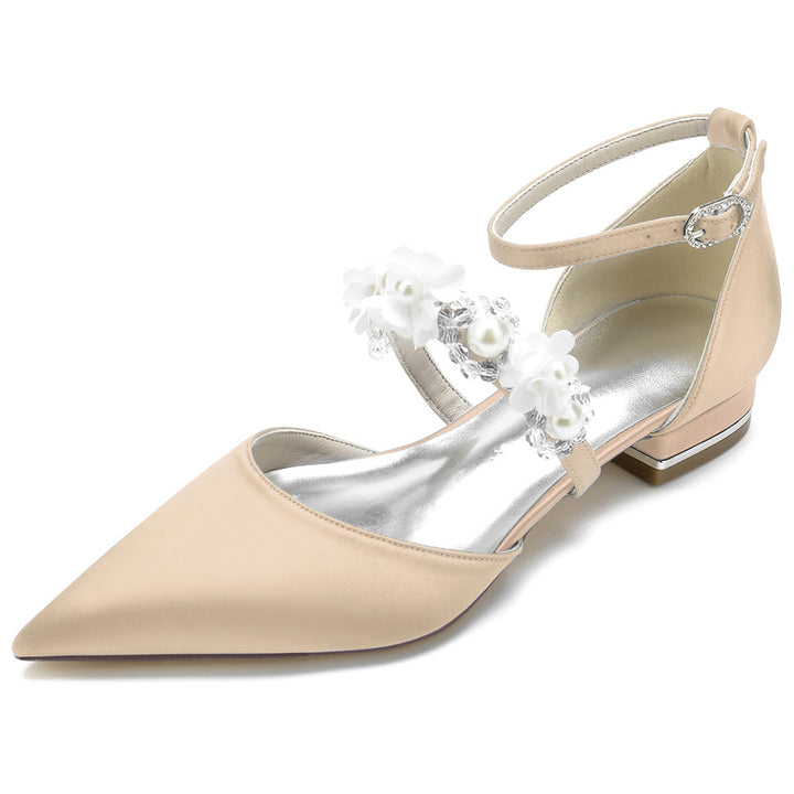 Women's Wedding Shoes Pointed Toe Low Heel Bridal Shoes with Pearls & Flowers