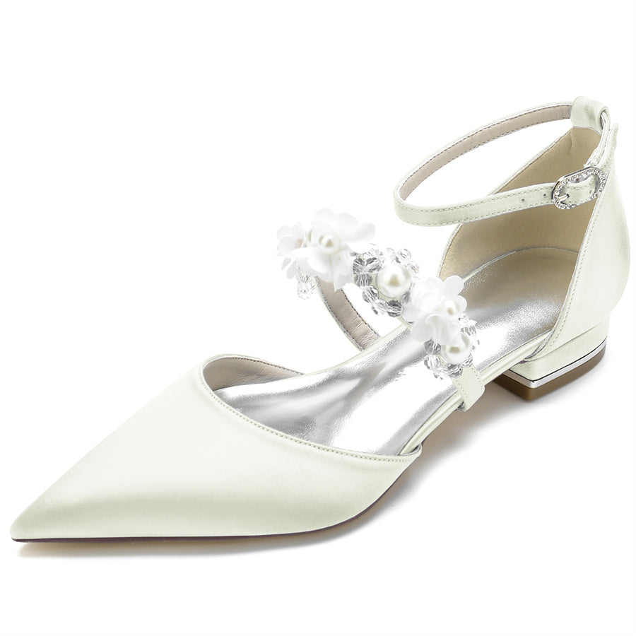 Women's Wedding Shoes Pointed Toe Low Heel Bridal Shoes with Pearls & Flowers