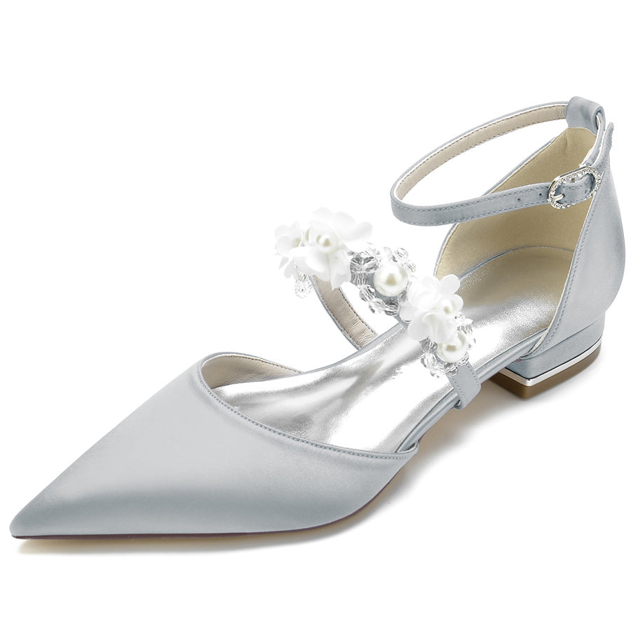 Women's Wedding Shoes Pointed Toe Low Heel Bridal Shoes with Pearls & Flowers