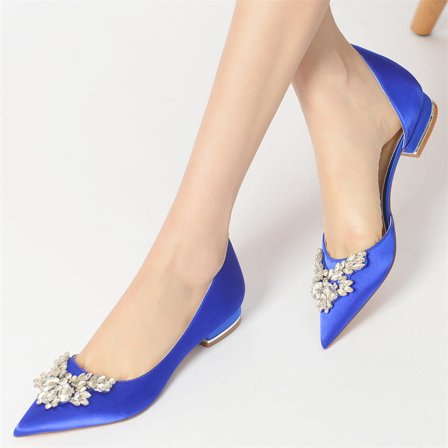 Women's Wedding Shoes Silk Satin Pointed Toe Low Heel Bridal Shoes with Rhinestones