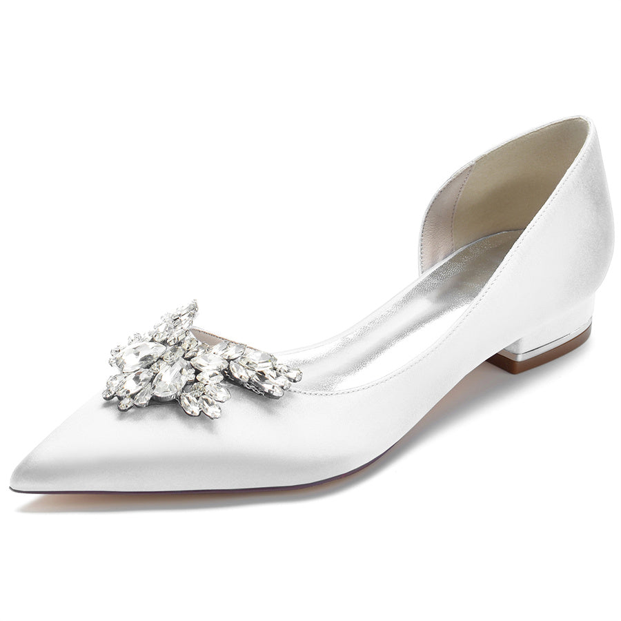 Women's Wedding Shoes Silk Satin Pointed Toe Low Heel Bridal Shoes with Rhinestones