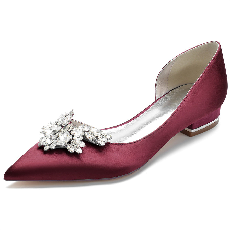 Women's Wedding Shoes Silk Satin Pointed Toe Low Heel Bridal Shoes with Rhinestones