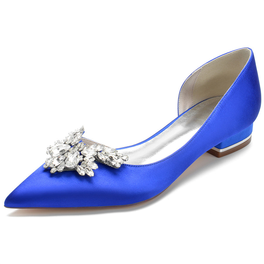 Women's Wedding Shoes Silk Satin Pointed Toe Low Heel Bridal Shoes with Rhinestones