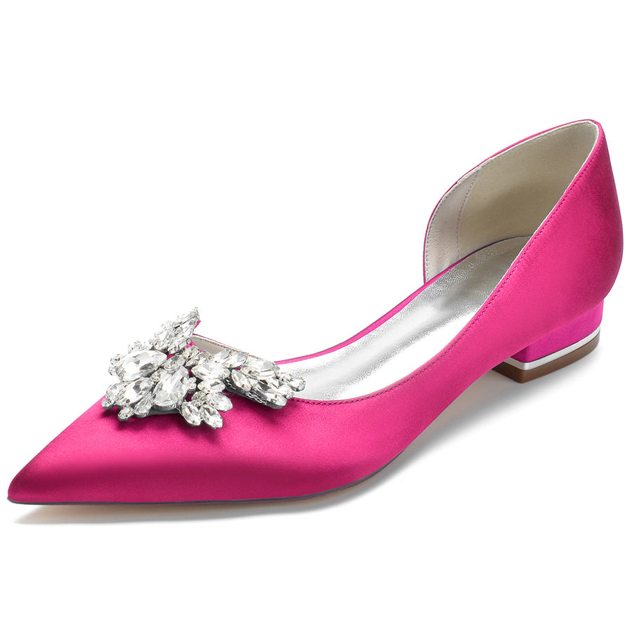 Women's Wedding Shoes Silk Satin Pointed Toe Low Heel Bridal Shoes with Rhinestones