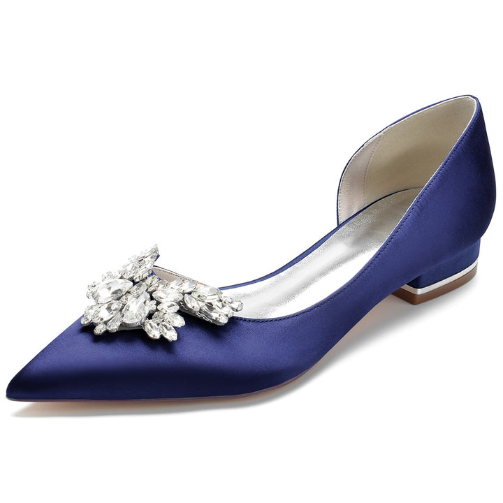 Women's Wedding Shoes Silk Satin Pointed Toe Low Heel Bridal Shoes with Rhinestones