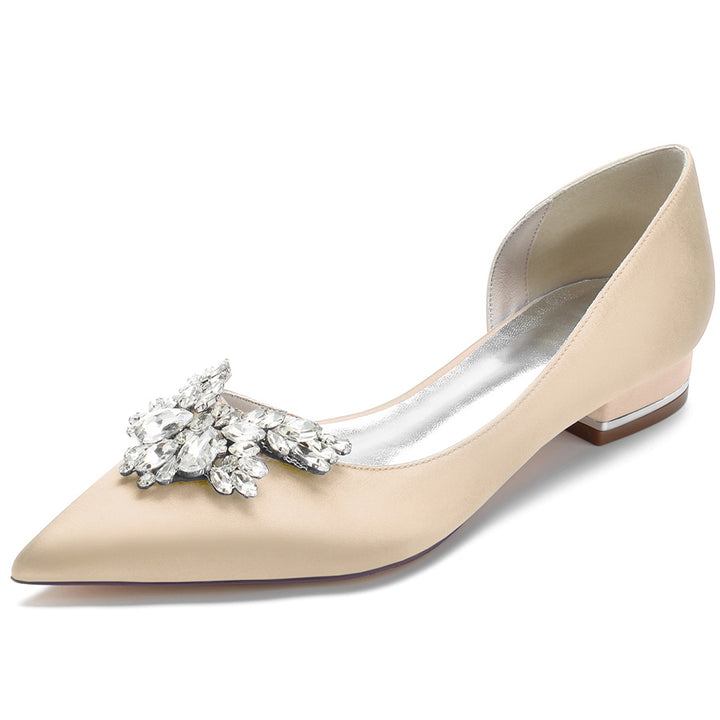 Women's Wedding Shoes Silk Satin Pointed Toe Low Heel Bridal Shoes with Rhinestones