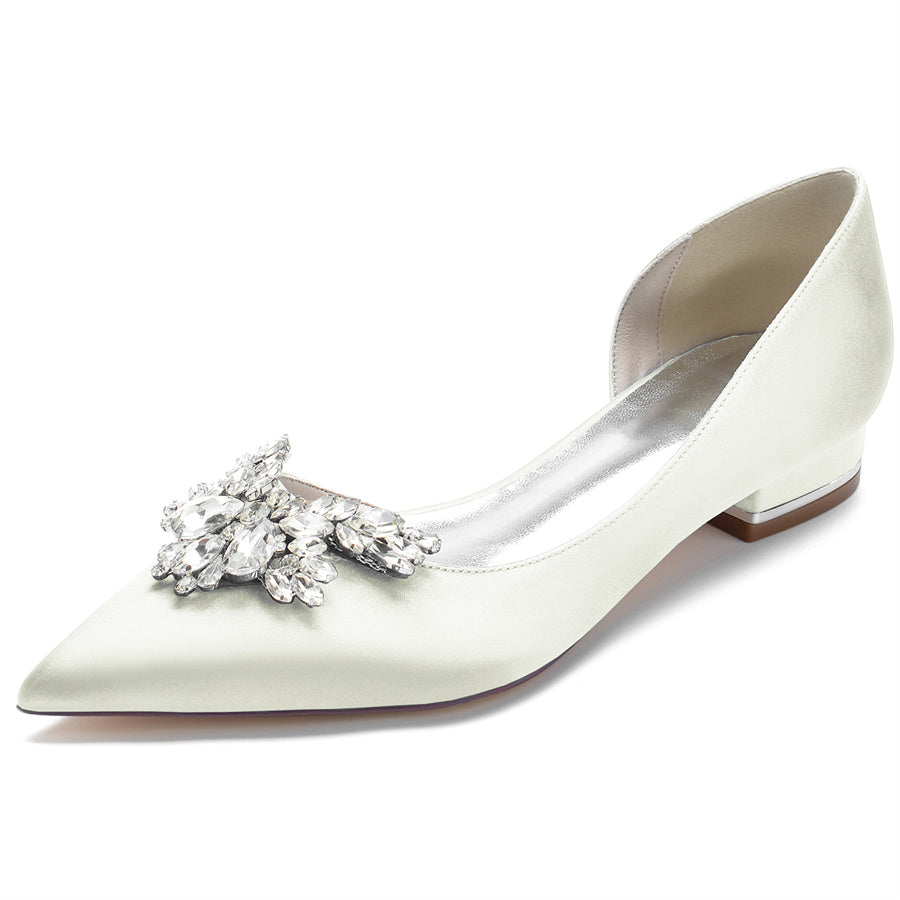 Women's Wedding Shoes Silk Satin Pointed Toe Low Heel Bridal Shoes with Rhinestones