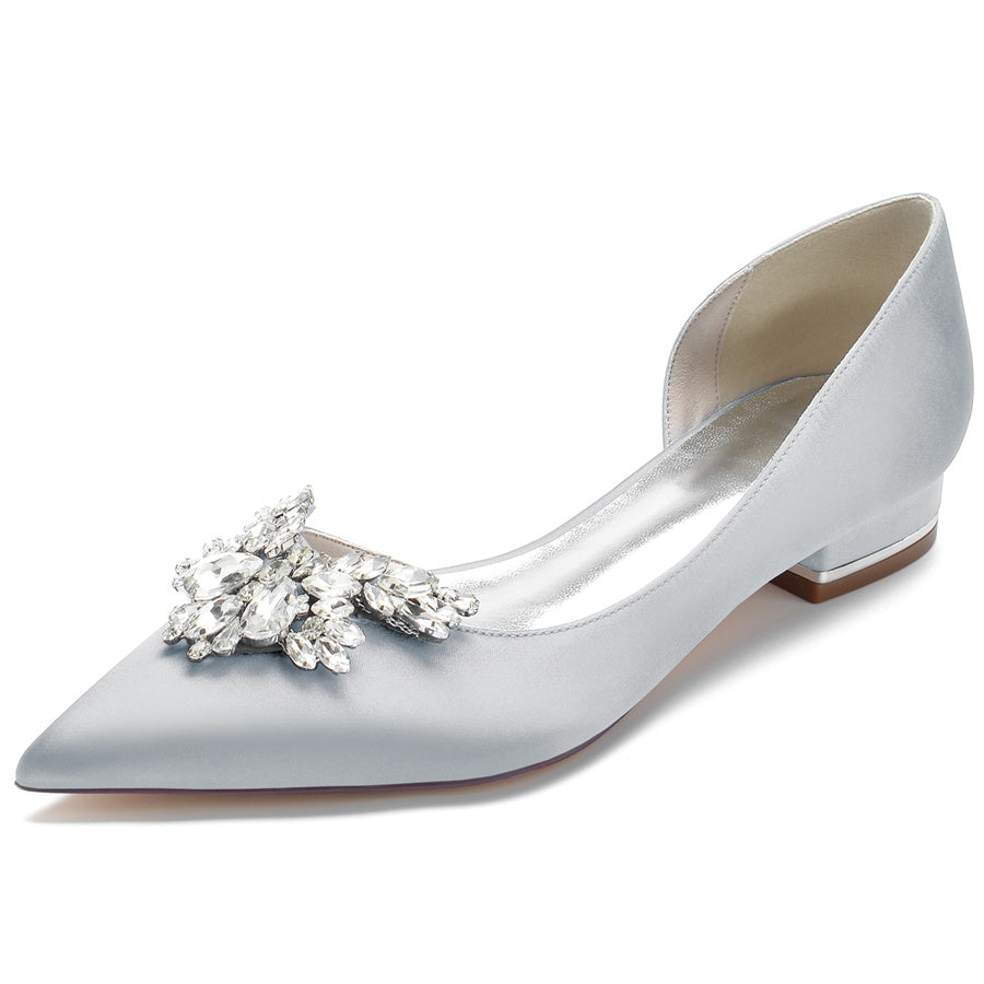 Women's Wedding Shoes Silk Satin Pointed Toe Low Heel Bridal Shoes with Rhinestones