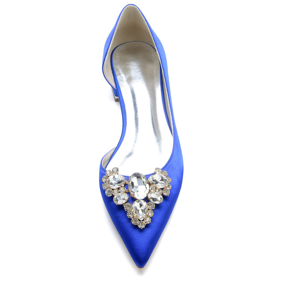 Women's Wedding Shoes Pointed Toe Silk Satin Low Heel Bridal Shoes with Rhinestones