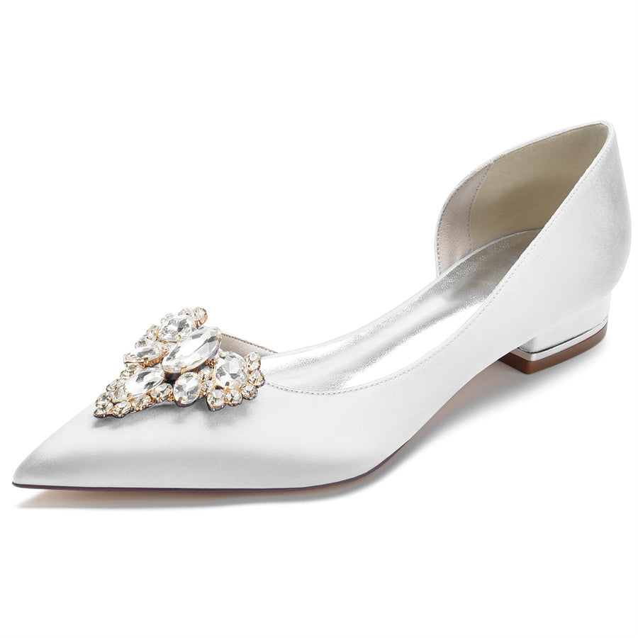 Women's Wedding Shoes Pointed Toe Silk Satin Low Heel Bridal Shoes with Rhinestones