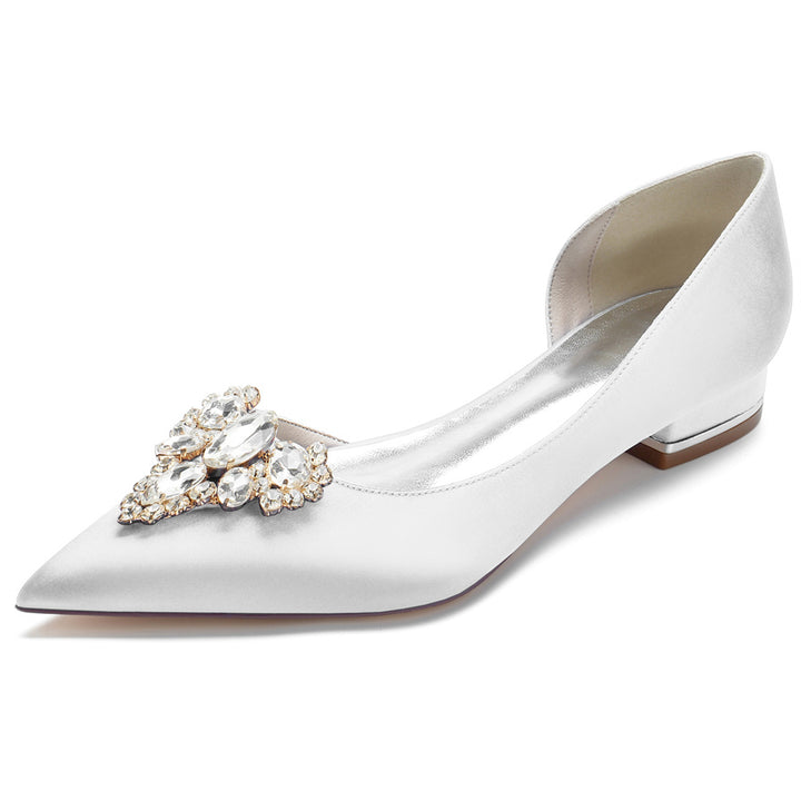 Women's Wedding Shoes Pointed Toe Silk Satin Low Heel Bridal Shoes with Rhinestones