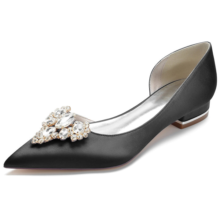 Women's Wedding Shoes Pointed Toe Silk Satin Low Heel Bridal Shoes with Rhinestones