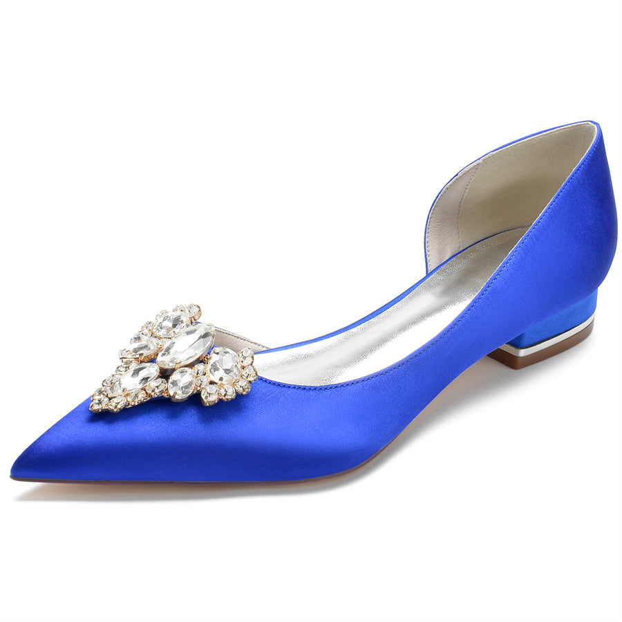 Women's Wedding Shoes Pointed Toe Silk Satin Low Heel Bridal Shoes with Rhinestones