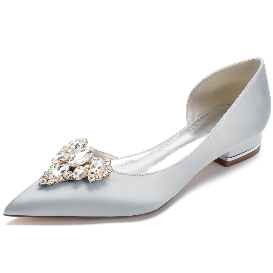 Women's Wedding Shoes Pointed Toe Silk Satin Low Heel Bridal Shoes with Rhinestones