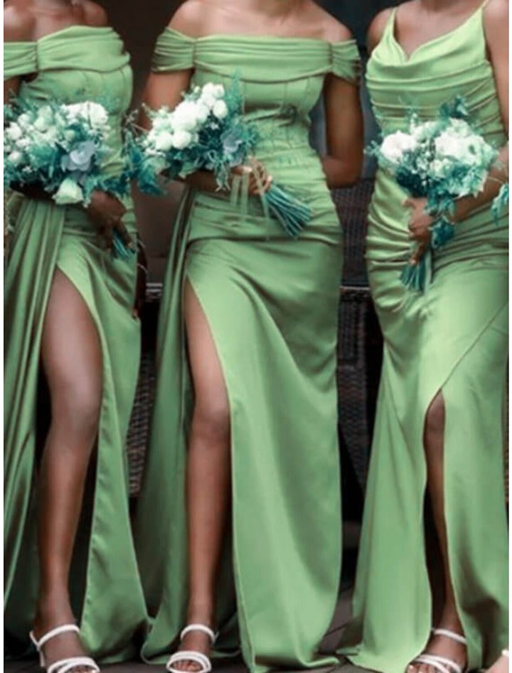 Sheath/Column Off-the-Shoulder Floor-length Long Bridesmaid Dresses With Split Side