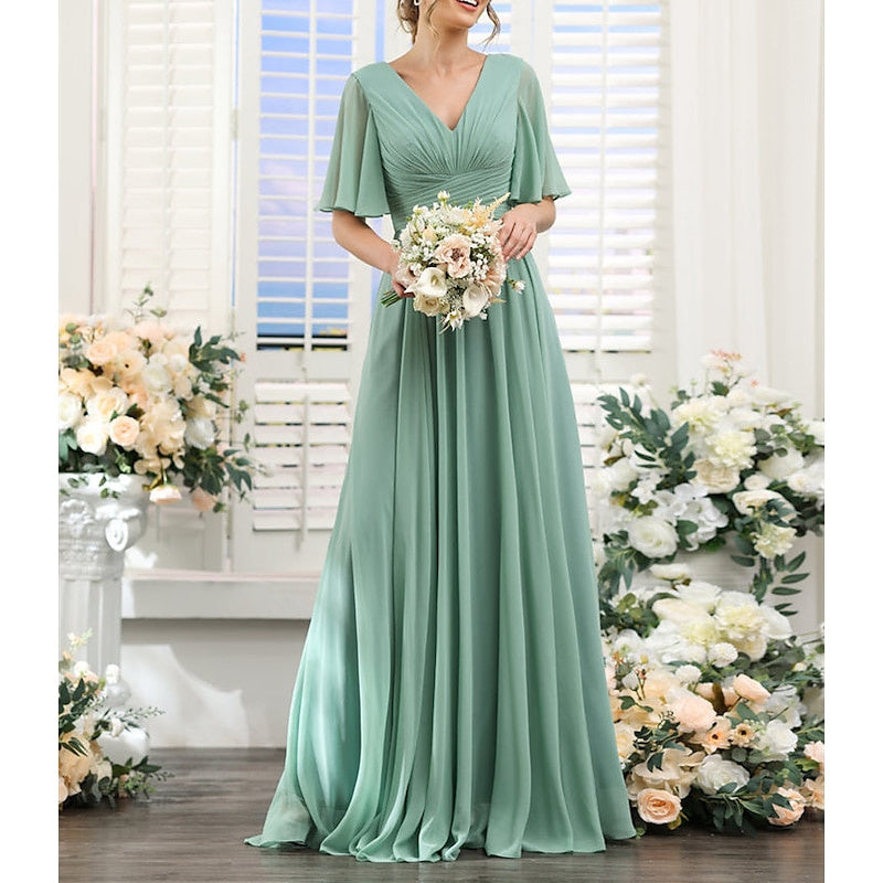 2026 Bridesmaid Dresses Chiffon A-Line V-Neck Half Sleeves Floor-Length Formal Wedding Guest Gowns with Split Side & Ruffles, Pastel Green