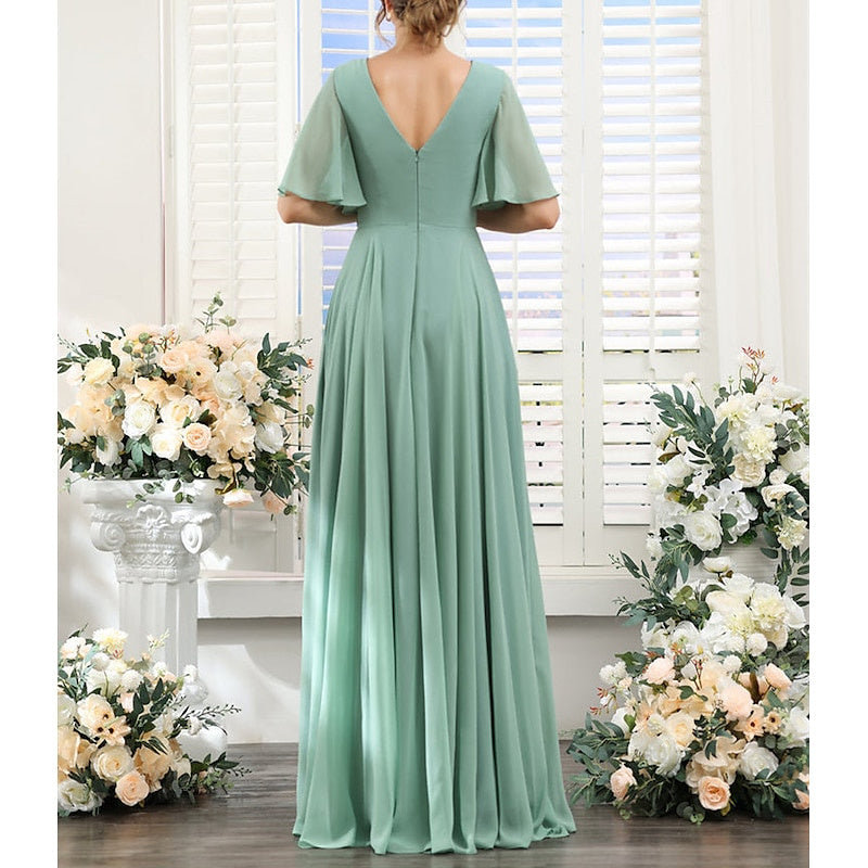 A-Line/Princess V Neck Short Sleeves Bridesmaid Dresses Wedding Guest Dresses