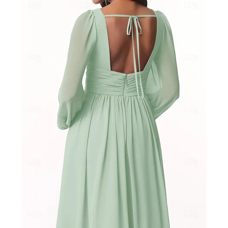 A-Line/Princess Plunging Neck Long Sleeves Bridesmaid Dresses Wedding Guest Dresses