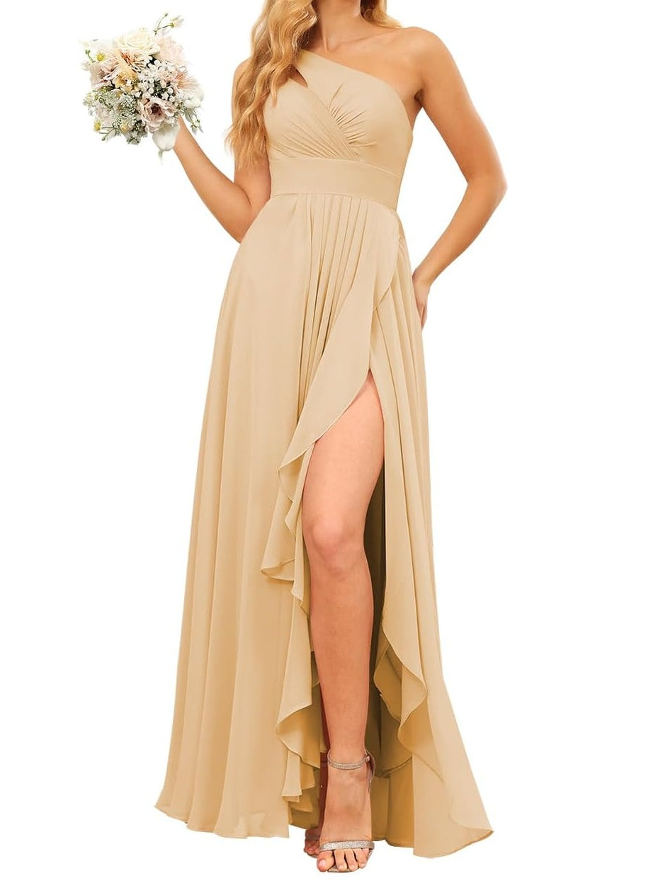 slim fit dress slacks Floris Chic Sheath One Shoulder Maxi Satin Bridesmaid Dresses