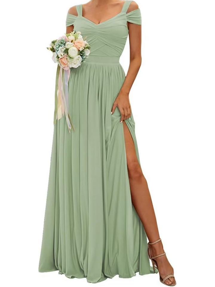 A Line/Princess Off-the-Shoulder Floor-Length Bridesmaid Dresses with Slit