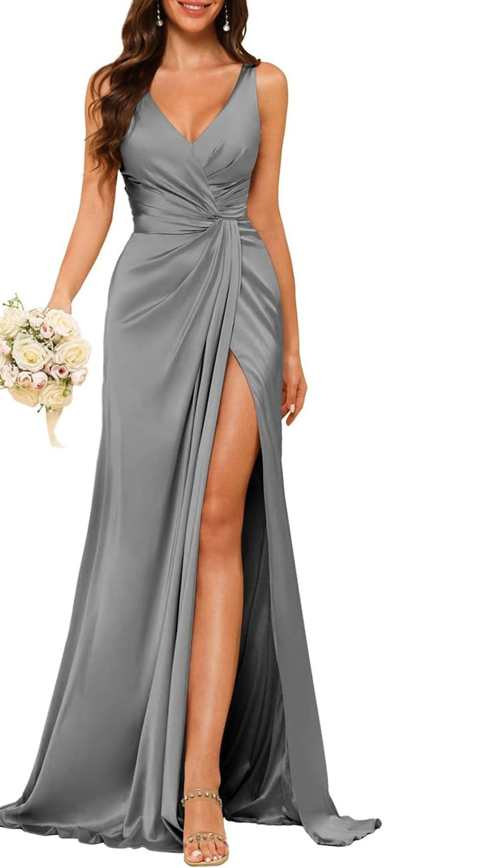 A Line/Princess V Neck Sleeveless Floor-Length Bridesmaid Dresses with Split