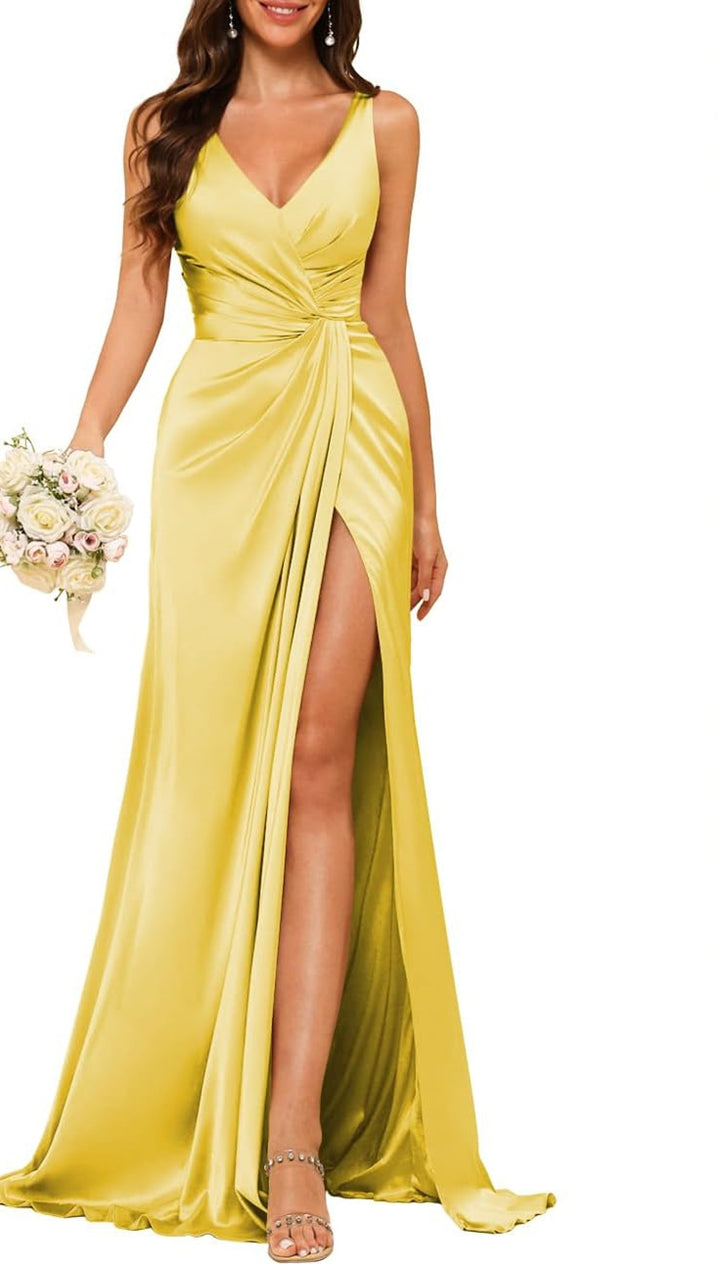 A Line/Princess V Neck Sleeveless Floor-Length Bridesmaid Dresses with Split