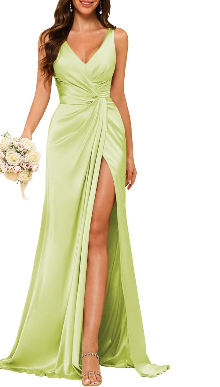 A Line/Princess V Neck Sleeveless Floor-Length Bridesmaid Dresses with Split