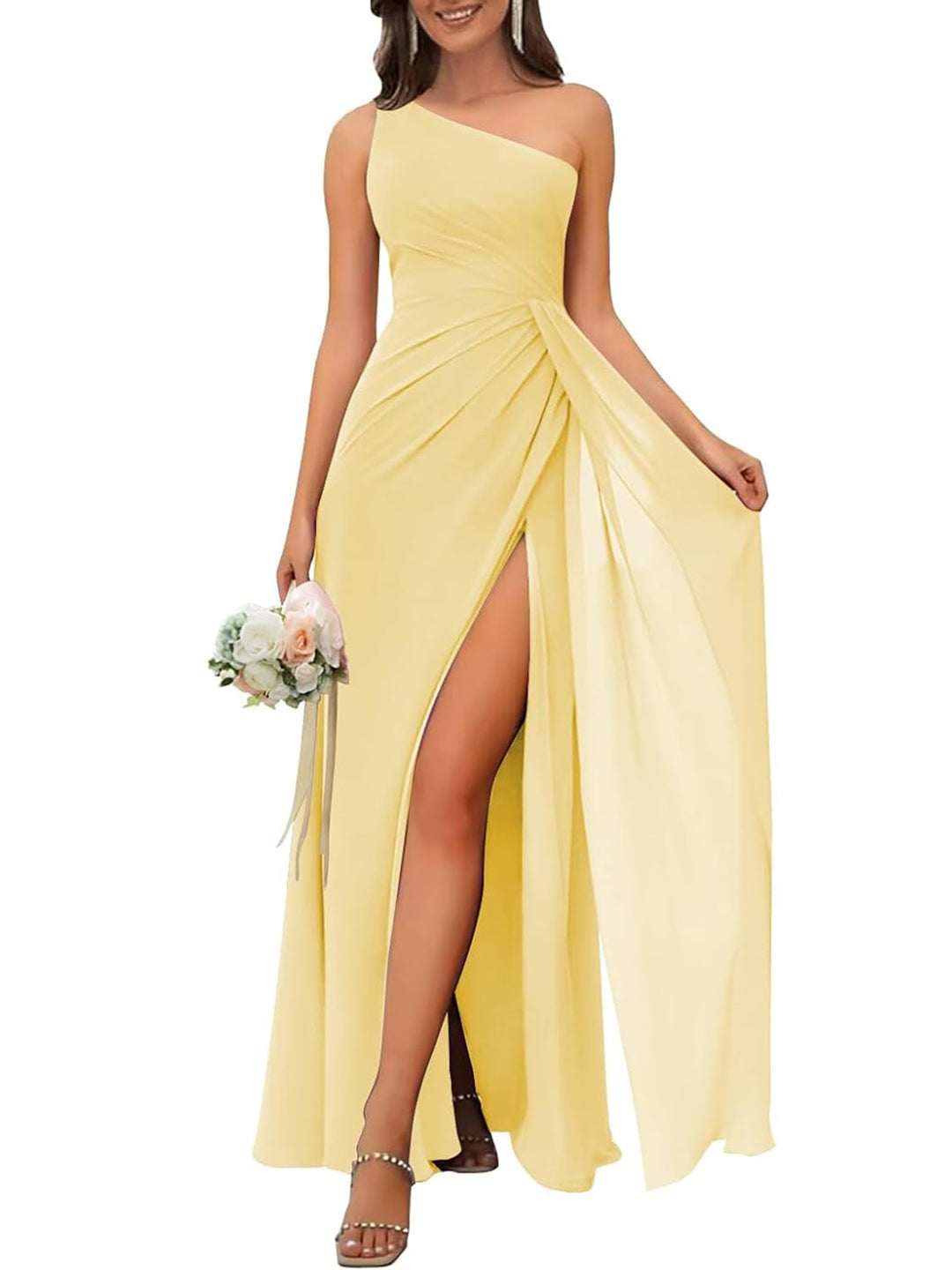 A Line/Princess One Shoulder Sleeveless Floor-Length Bridesmaid Dresses with Split