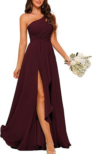 A-Line/Princess One-Shoulder Jacquard Wedding Guest Dresses Floor-Length Sleeveless Split Side