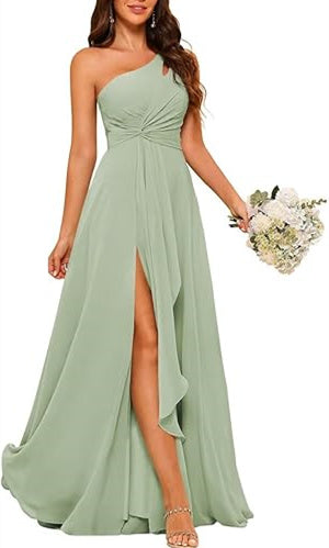 One-Shoulder Sleeveless Floor-Length Bridesmaid Dress with Split Side
