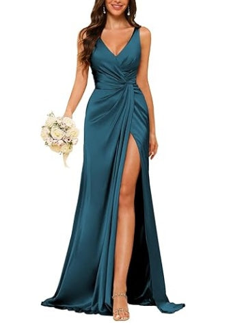 Sheath V-Neck Sleeveless Floor-Length Bridesmaid Dress with Ruched