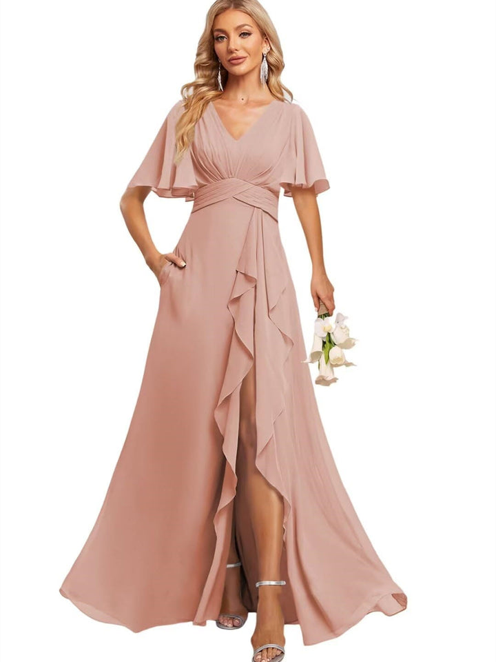 A Line V Neck Flutter Sleeve Floor Length  Bridesmaid Dresses with Pockets  with Slit Ruffles