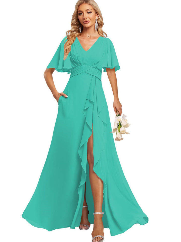 A Line V Neck Flutter Sleeve Floor Length  Bridesmaid Dresses with Pockets  with Slit Ruffles