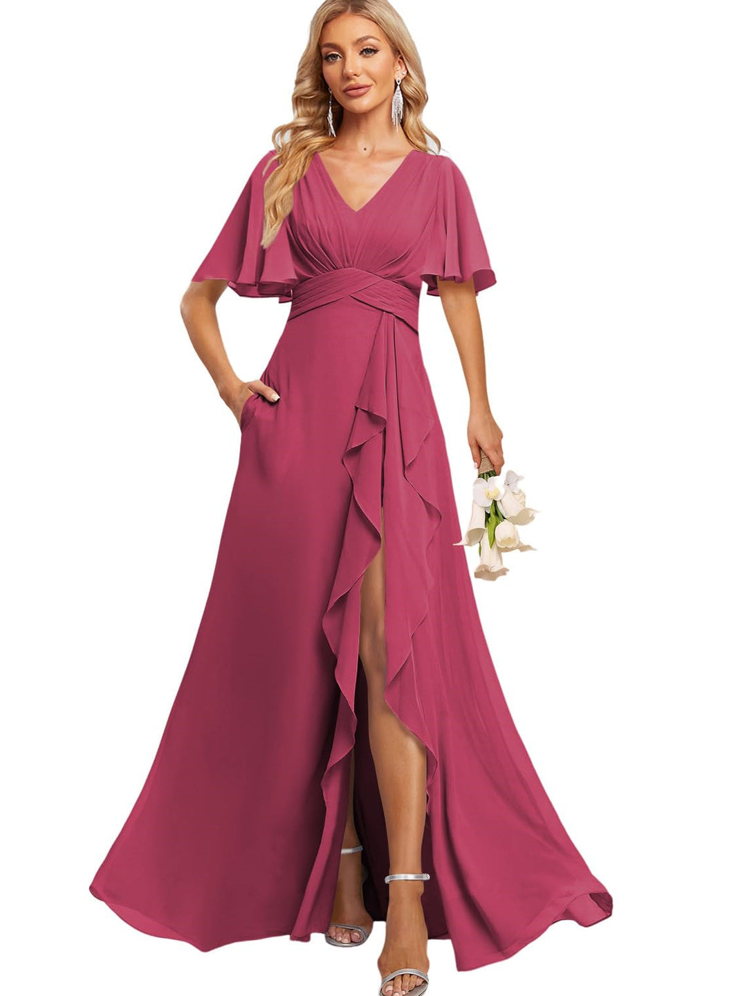 A Line V Neck Flutter Sleeve Floor Length  Bridesmaid Dresses with Pockets  with Slit Ruffles