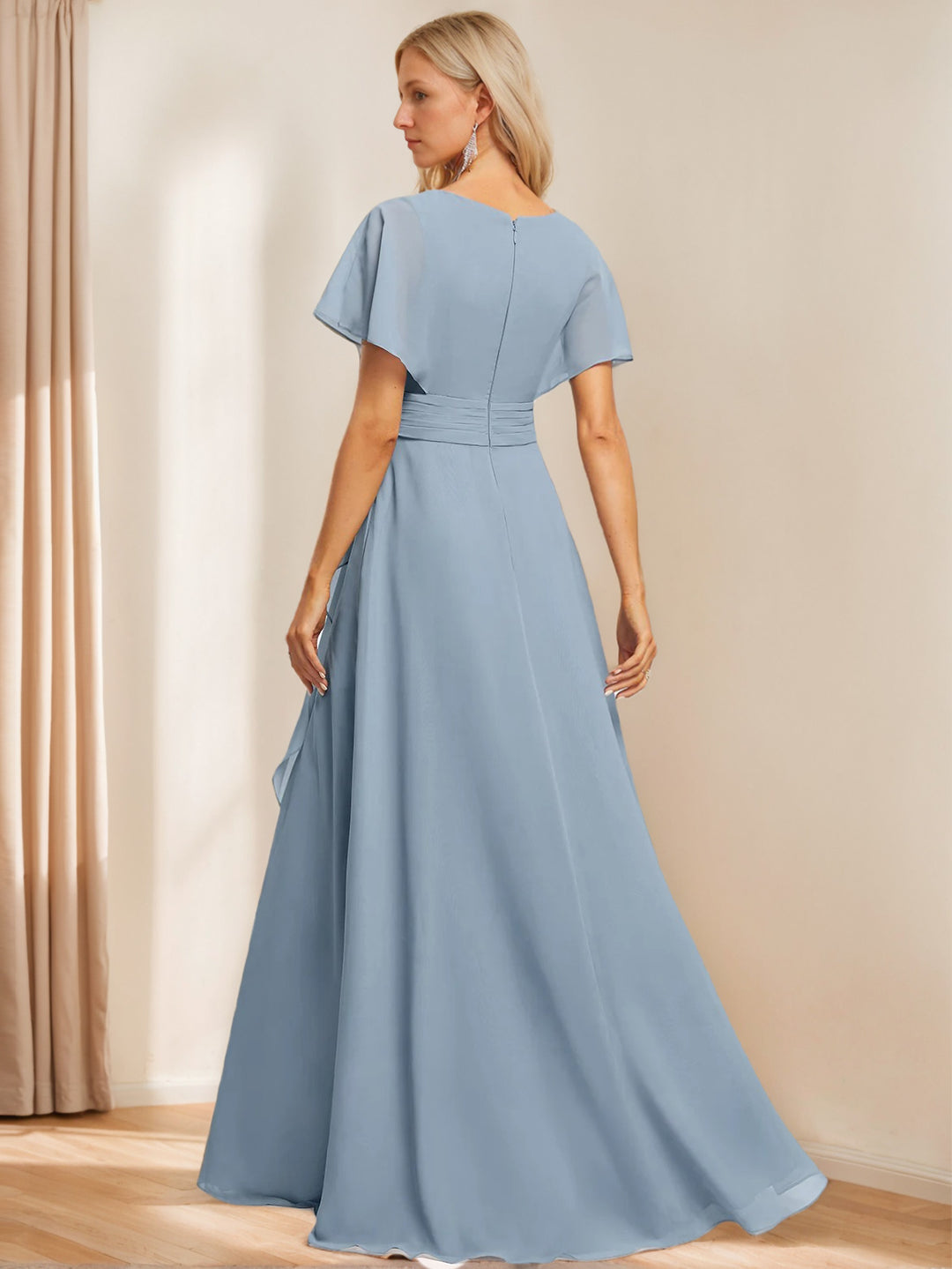 A-Line/Princess V Neck Flutter Sleeve Floor Length Bridesmaid Dresses with Pockets with Slit Ruffles Red