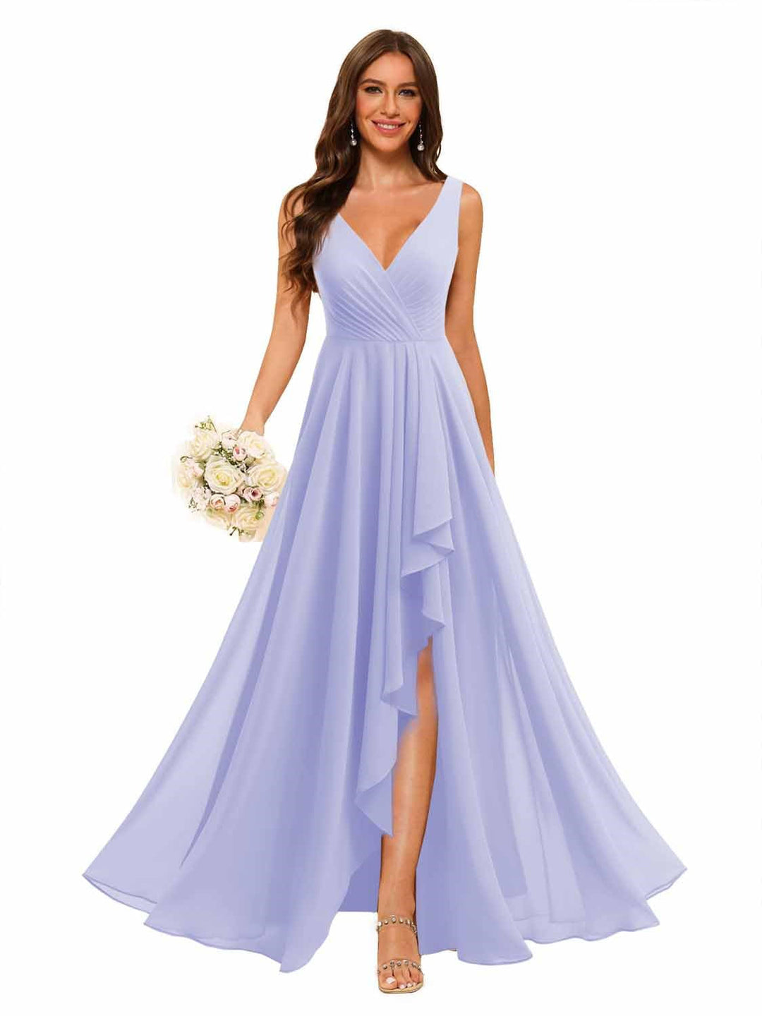 A-Line/Princess  V Neck Sleeveless Floor Length  Bridesmaid Dresses Chiffon with Slit Pockets