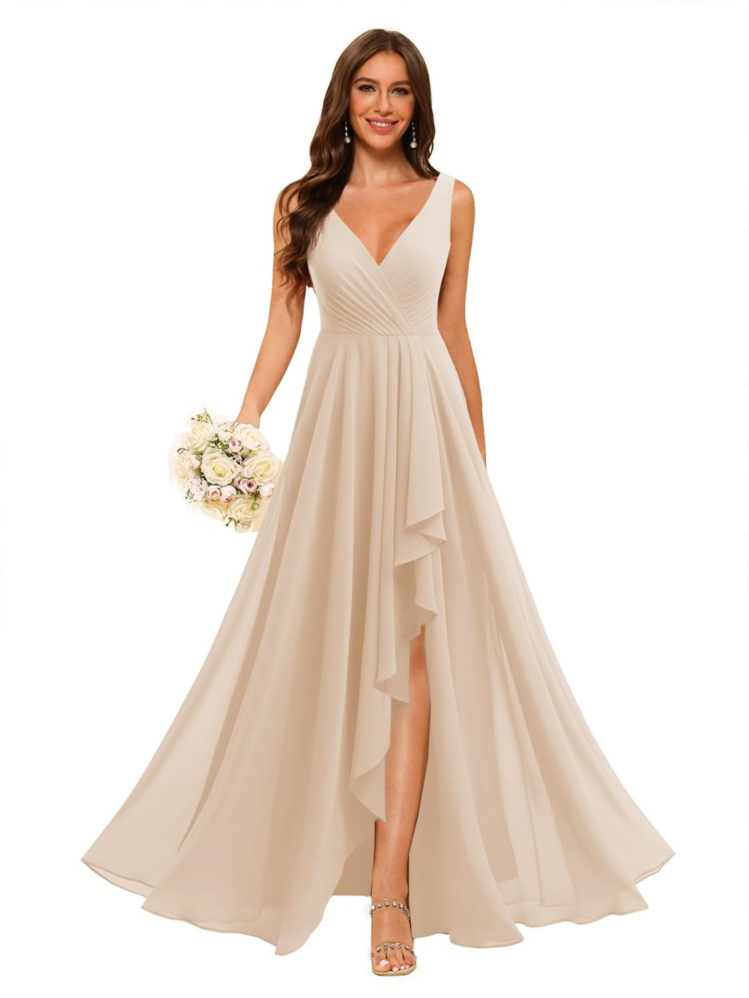 A-Line/Princess  V Neck Sleeveless Floor Length  Bridesmaid Dresses Chiffon with Slit Pockets