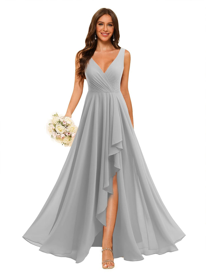 A-Line/Princess  V Neck Sleeveless Floor Length  Bridesmaid Dresses Chiffon with Slit Pockets