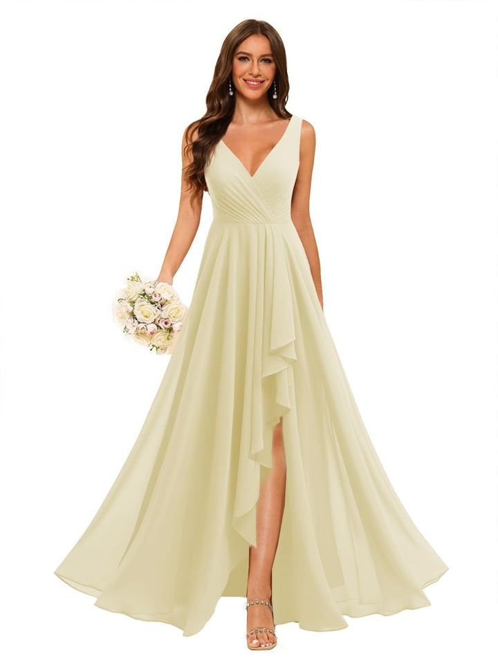 A-Line/Princess  V Neck Sleeveless Floor Length  Bridesmaid Dresses Chiffon with Slit Pockets