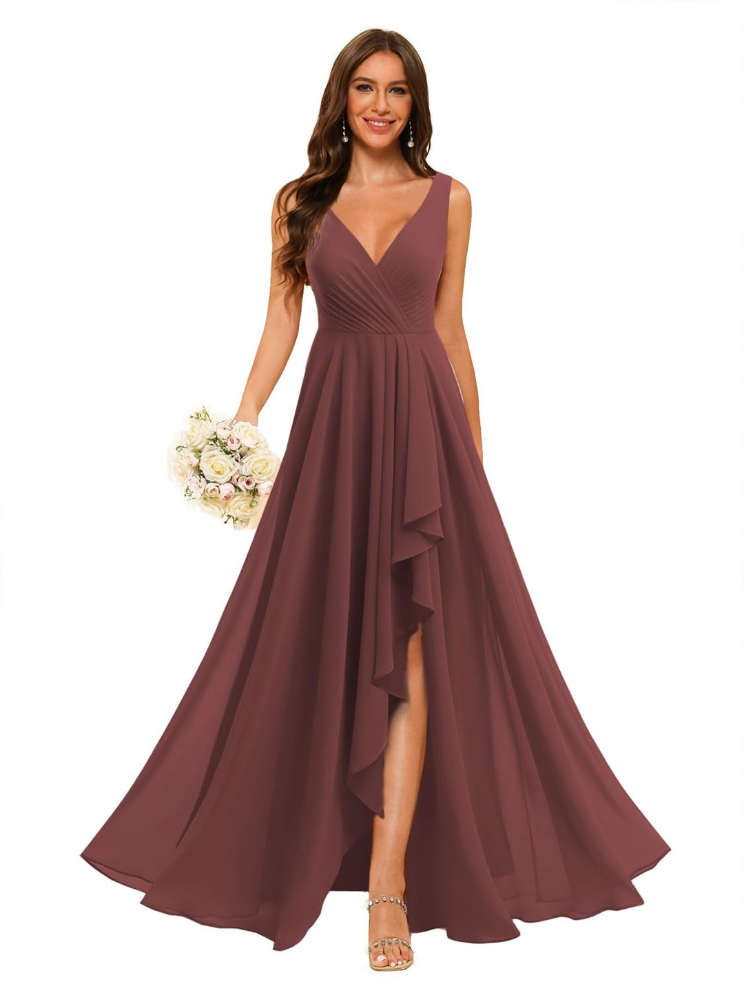 A-Line/Princess  V Neck Sleeveless Floor Length  Bridesmaid Dresses Chiffon with Slit Pockets