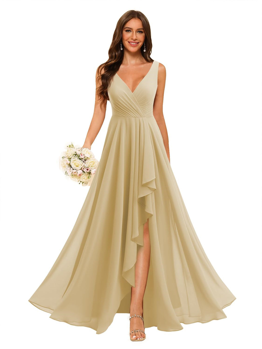 A-Line/Princess  V Neck Sleeveless Floor Length  Bridesmaid Dresses Chiffon with Slit Pockets