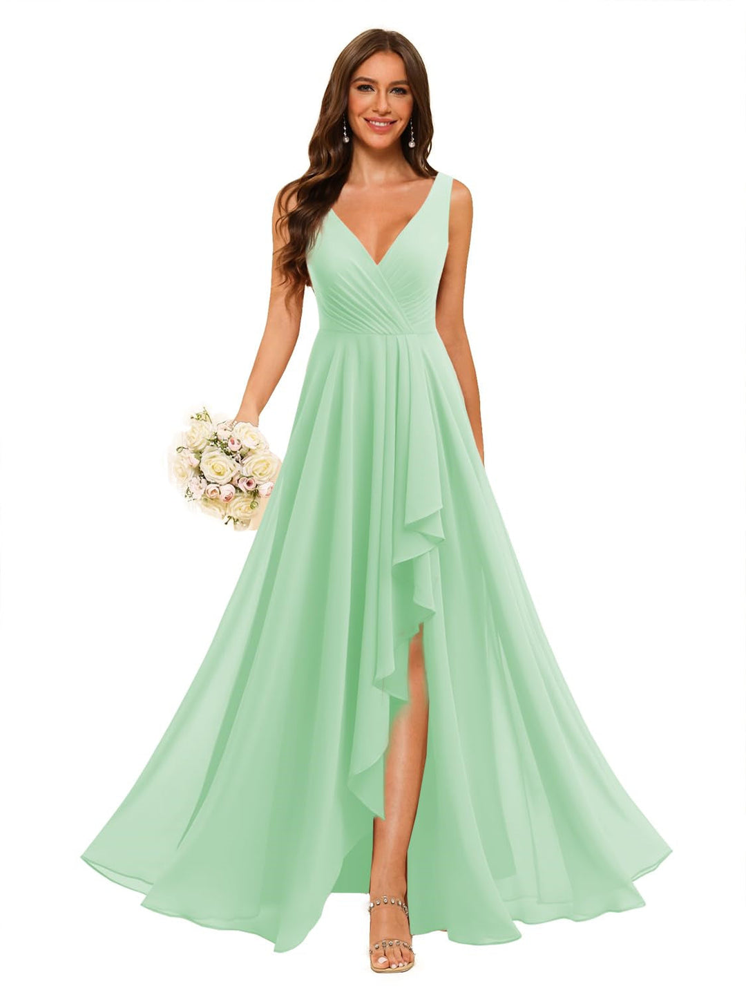 A-Line/Princess  V Neck Sleeveless Floor Length  Bridesmaid Dresses Chiffon with Slit Pockets